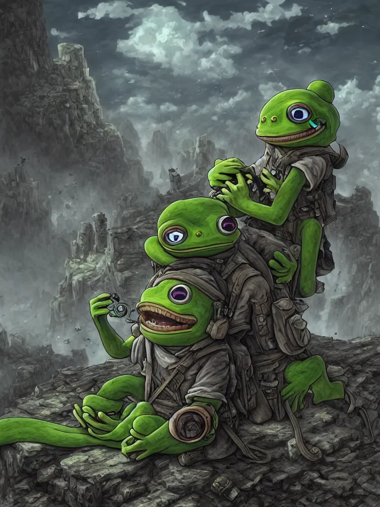 Prompt: resolution 4k worlds of loss and depression made in abyss design pepe the frog fighting in the civil war war , battlefield darkness military drummer boy , desolated city ivory dream like storybooks, fractals , pepe the frog , art in the style of and Oleg Vdovenko and Gustave dore and Akihito Tsukush