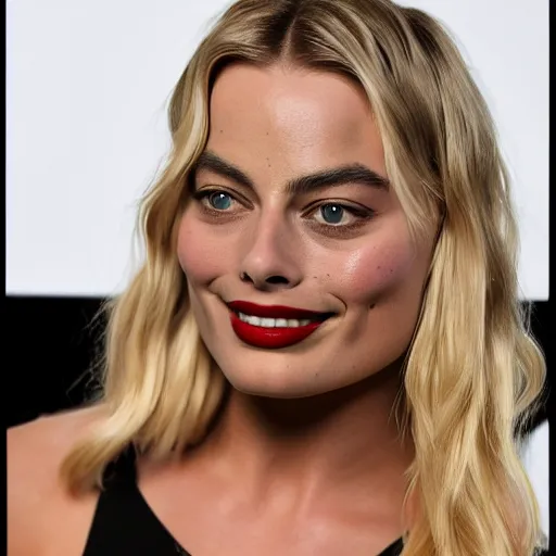 Image similar to a portrait of margot robbie doing a kissing face, highly detailed