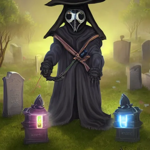 Image similar to a plague doctor cat with techo armor with rgb led lights in a graveyard, digital painting, awesome, highly detailed, spooky, gothic, scifi, horror