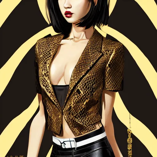 Image similar to yakuza slim girl, gold suit jacket in snake print, jacket over bare torso, yakuza tattoo Irezumi on body, black short curtain haircut, black leather pants with black belt, portrait, beautiful face, elegant, 2d, ultra highly detailed, digital painting, smooth, sharp focus, artstation, art by Ilya Kuvshinov, rossdraws