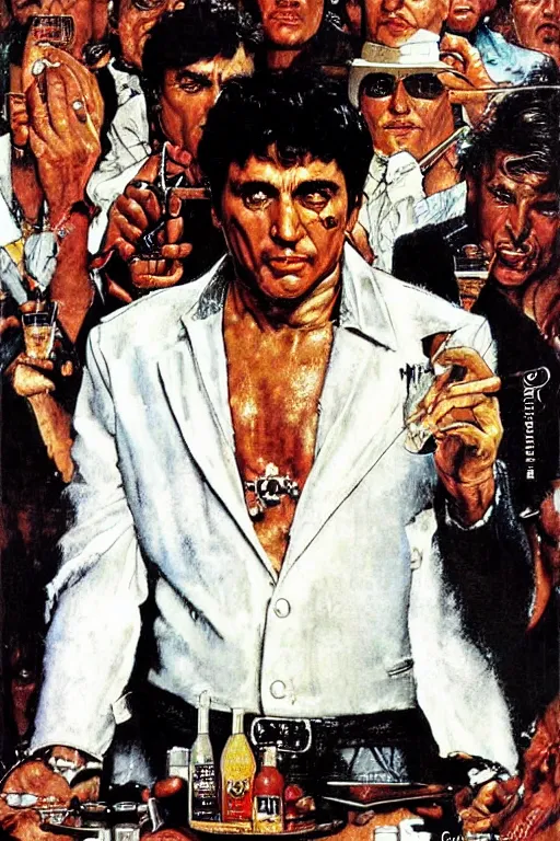 Image similar to Tony Montana from Scarface painted by Norman Rockwell