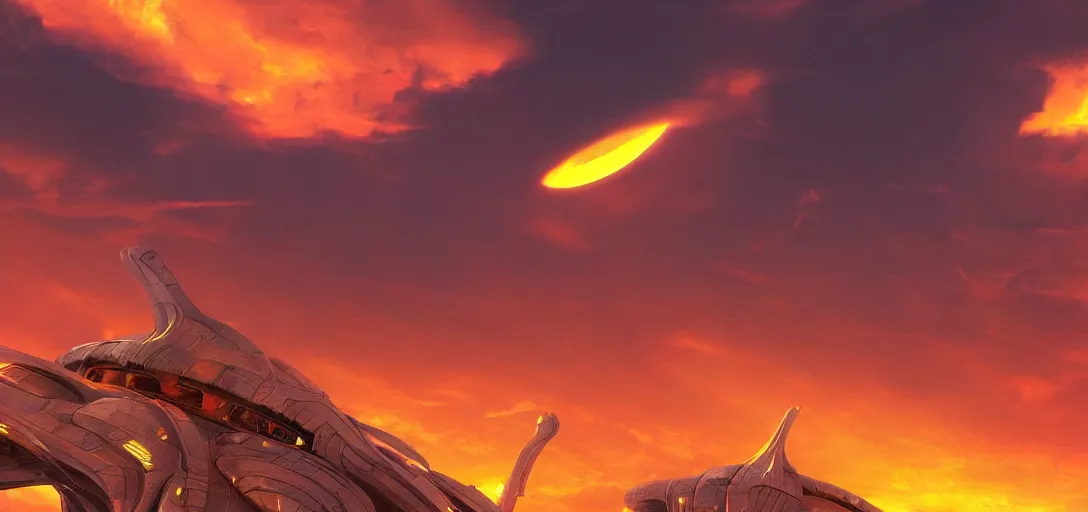 Prompt: an ancient alien civilization with large scifi structures, an orange dramatic sky, warm cool color scheme, cinematic quality, no blur, sharp focus, highly detailed