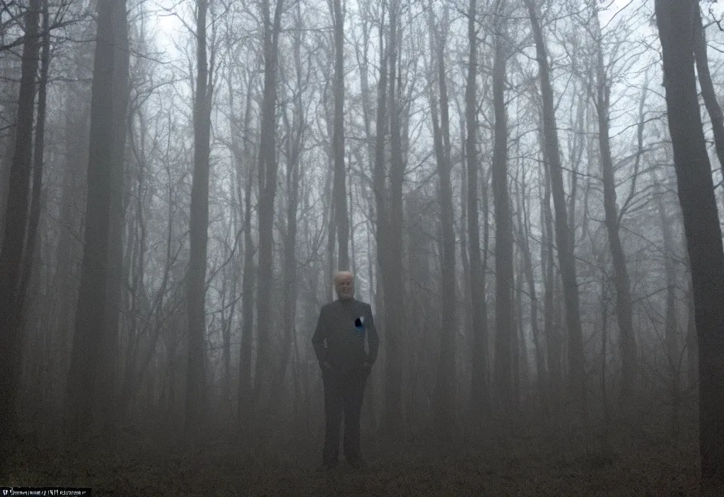 Image similar to low quality iphone photo of joe biden standing ominously deep in the foggy woods with a demonic smile in his face, low visibility creepy