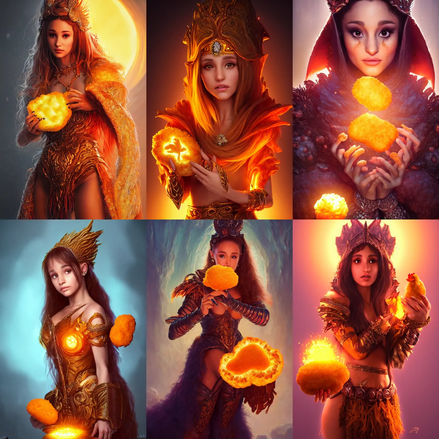 Prompt: ultrarealistic fantasy portrait sorceress ariana grande eating a chicken nugget, orange armor made out of chicken nuggets chicken nugget mantle gothic chicken nugget cloak with intricate details, fantasy character octane render, cinematic lighting, volumetric lighting, artstation, dnd art, cgsociety, sharp focus, digital painting by artgerm, gerald brom, wlop