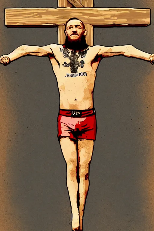 Prompt: crucifixion of conor mcgregor, jesus, 1 0 s movie poster, minimalist, vibrant, religious crucifixion, digital art trending on art station