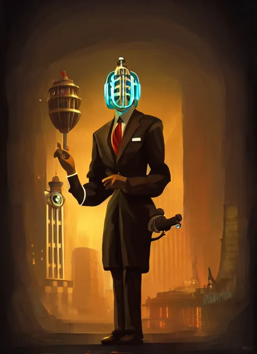 Image similar to obama, no duplicate image, bioshock art style, glowing lights, highly detailed, digital painting, artstation, concept art, smooth, sharp focus, illustration, art by richard hamilton and mimmo rottela