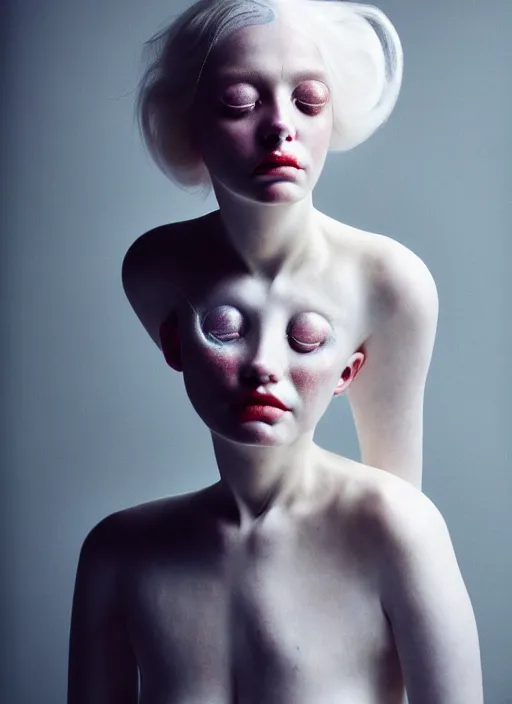 Image similar to cinestill 5 0 d photo portrait of a beautiful metamorphs with woman face, body in weird marble, white hair floating in air, in style of tim walker by roberto ferri, 1 5 0 mm lens, f 1. 2, ethereal, emotionally evoking, head in focus, bokeh volumetric lighting, tonal colors outdoor