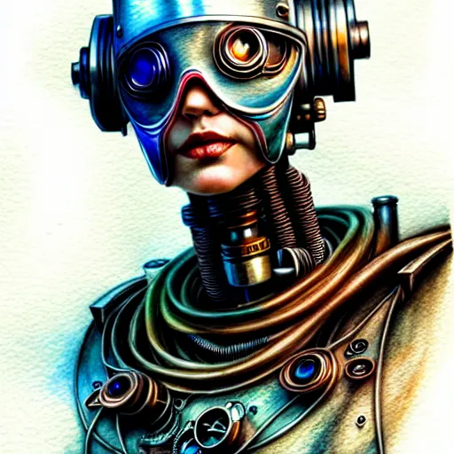 Prompt: hyper realistic pencil drawing of a steampunk robot , water color, full portrait, detailed, rim light, diffused, intricate, cyberpunk by anna dittmann,