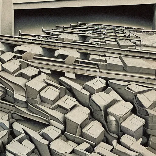 Prompt: mothership loading dock oil painting by MC Escher, hyperrealism