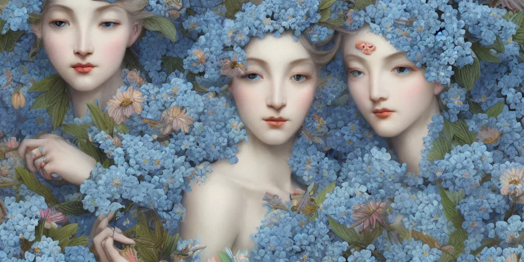 Image similar to breathtaking detailed concept art painting art deco pattern of blonde faces goddesses amalmation light - blue flowers with anxious piercing eyes and blend of flowers and birds, by hsiao - ron cheng and john james audubon, bizarre compositions, exquisite detail, extremely moody lighting, 8 k