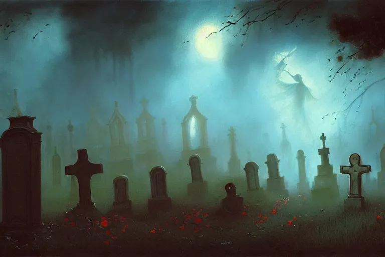 Image similar to casper the friendly ghost flying over a graveyard at midnight, cinestill, painted by james jean and gaston bussiere, backlight, fog, mist, trending on artstation