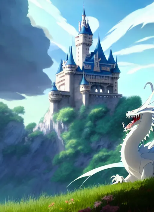 Image similar to a wholesome animation key shot of a white dragon, castle in the background, studio ghibli, pixar and disney animation, sharp, rendered in unreal engine 5, anime key art by greg rutkowski, bloom, dramatic lighting