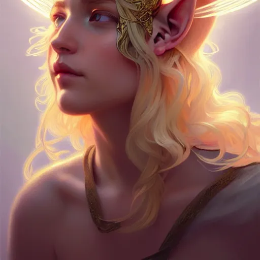 Image similar to Portrait of a girl angel with blonde hair, cat ears, glowing halo, wings, fantasy, intricate, elegant, highly detailed, digital painting, artstation, concept art, smooth, sharp focus, illustration, art by Krenz Cushart and Artem Demura and alphonse mucha