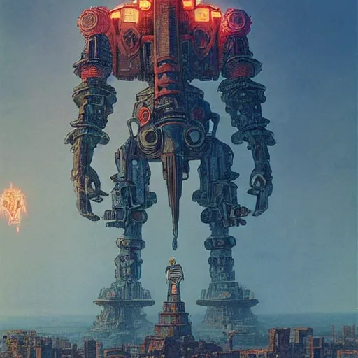 Image similar to giant mayan cyberpunk mecha with flaming eyes standing over city, perfectly clear face, shadow of the colossus screenshot by j. c. leyendecker, simon stalenhag, studio ghibli, and beksinski