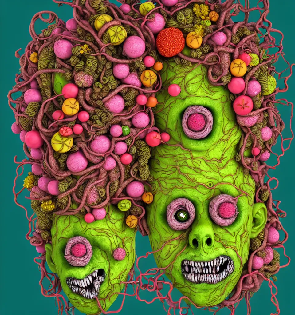Prompt: headshot of a trickster nature zombie, head made of fruit and flowers in the style of arcimboldo, fragonard, covered with tendrils slime and vines, digital illustration, dynamic lighting, action figure, clay sculpture, claymation, turquoise pink and green, botanical rainbow backdrop