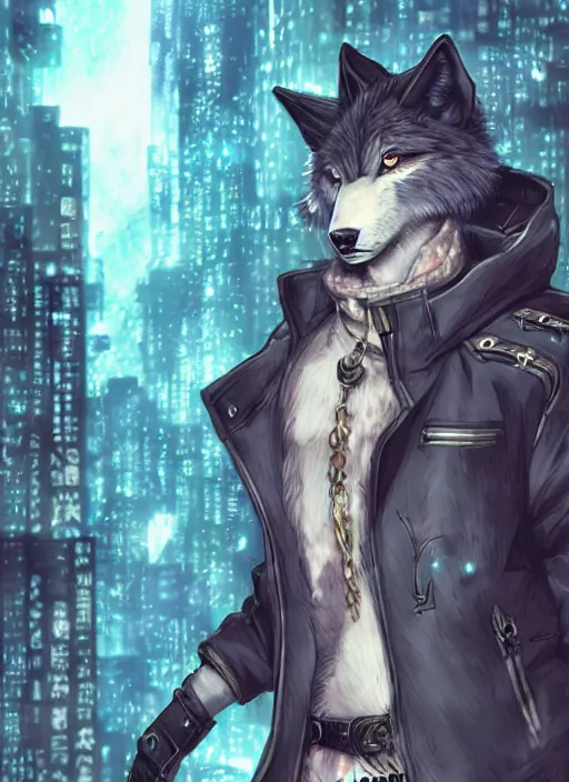 Image similar to character portrait of a male anthro wolf fursona with a tail and a cute beautiful attractive detailed furry face wearing stylish cyberpunk clothes in a cyberpunk city at night while it rains. hidari, color page, tankoban, 4K, tone mapping, Akihiko Yoshida.