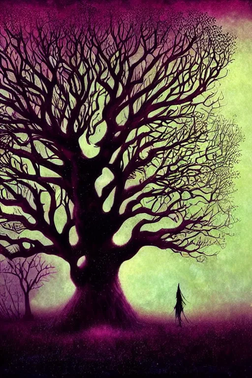 Prompt: surreal, fantasy, fairytale animals, ancient oak tree, haunted woods in silhouettes, by andy kehoe