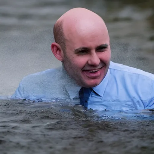 Image similar to a balded man surrounded by water geysers