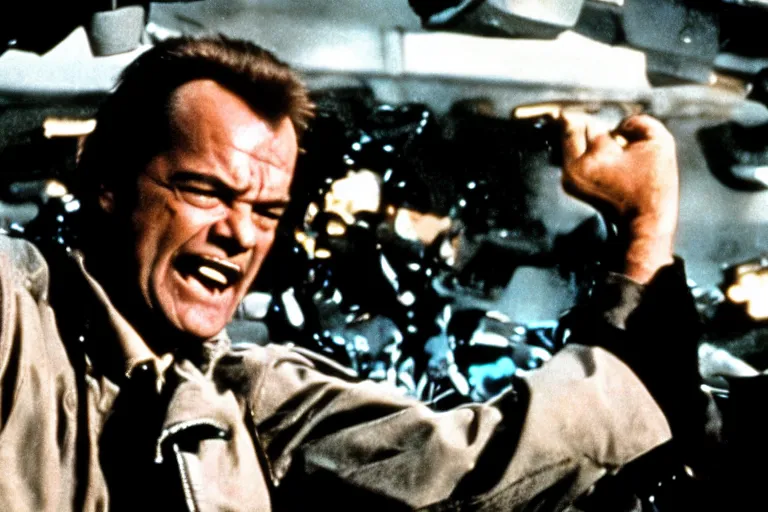 Prompt: Jack Nicholson plays Terminator, action scene where he destroys Skynet, still from the film