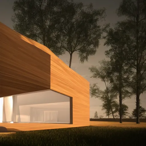 Prompt: minimalist wood architecture white with nature in back, cinematic lighting, 3 d, unreal engine