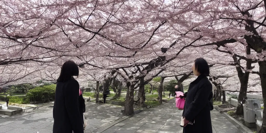 Prompt: tsai ing - wen looks at cherry blossoms in tokyo