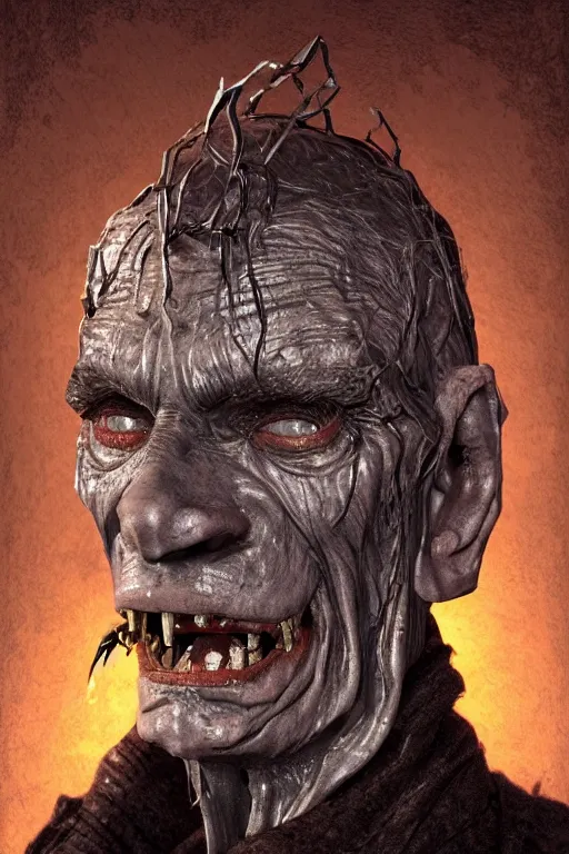 Image similar to portrait of a old vampire slightly smiling, intricate wrinkles, dystopian terror, sharp black fangs, night light, extremely detailed, digital painting, candles, sculpted in zbrush, artstation, concept art, smooth, sharp focus, illustration, chiaroscuro lighting, golden ratio, incredible art by Stanley Artgerm Lau and Greg Rutkowski, composition by Alphonse Mucha and Simon Stalenhag