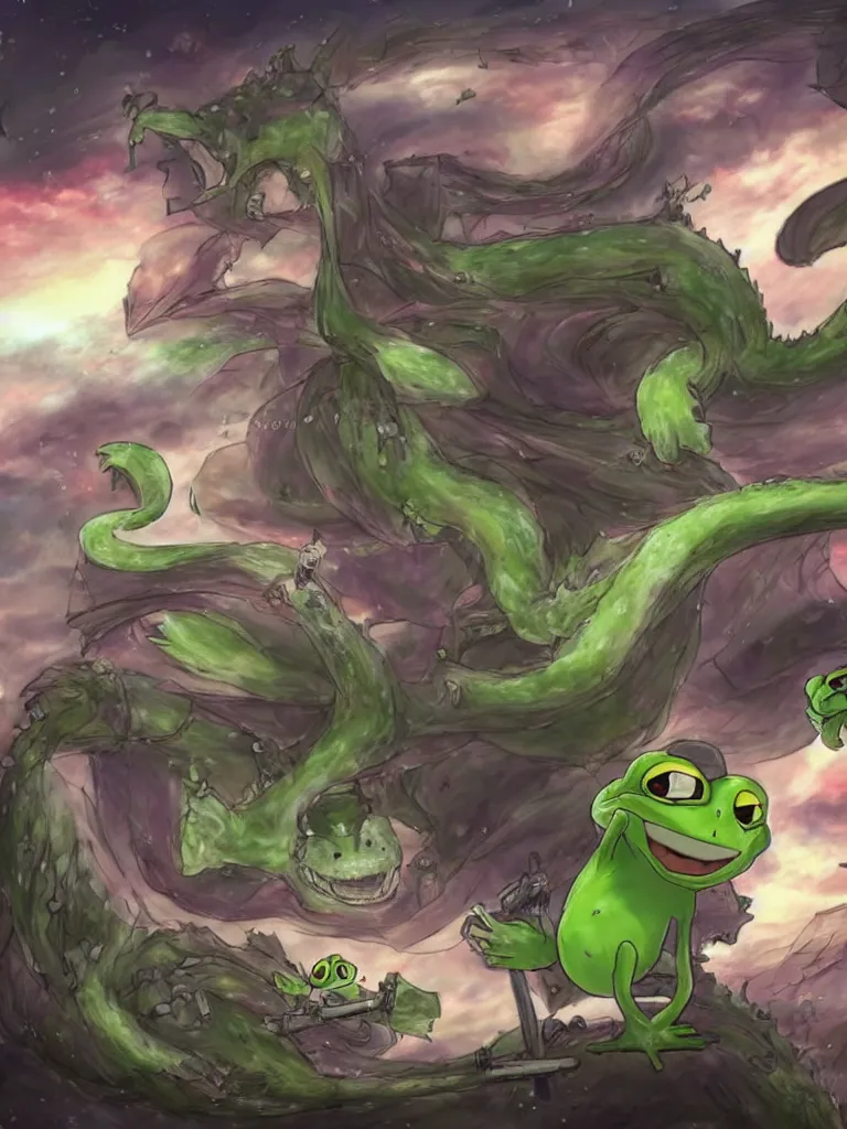Prompt: resolution 4k worlds of loss and depression made in abyss design Akihito Tsukushi design body pepe the frogs group of them attacking a dragon monster war , battlefield darkness military drummer boy pepe , desolated city the sky is filled with red halos over each of their heads dragon, pepe ivory dream like storybooks, fractals , pepe the frogs at war, art in the style of and Oleg Vdovenko and Akihito Tsukushi