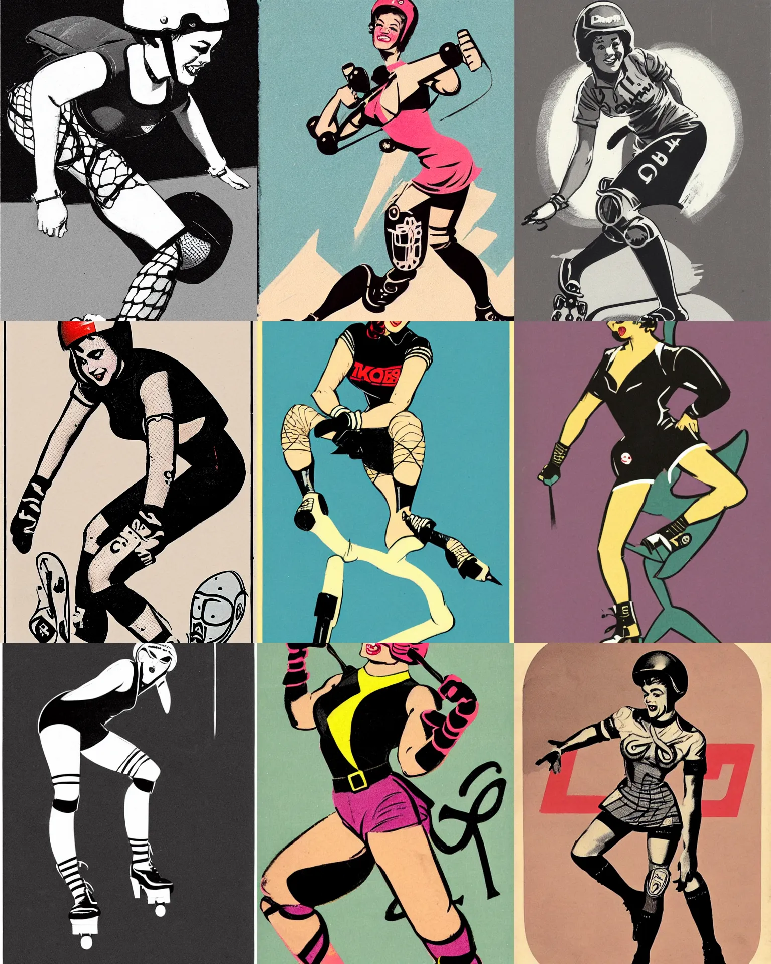 Prompt: 1950s logo of a roller derby girl doing Cross-Over, wearing skate helmet, knee pads, elbow pads, fishnet tights, showing off biceps, illustration by greg rutkowski and mcbess, 1950s