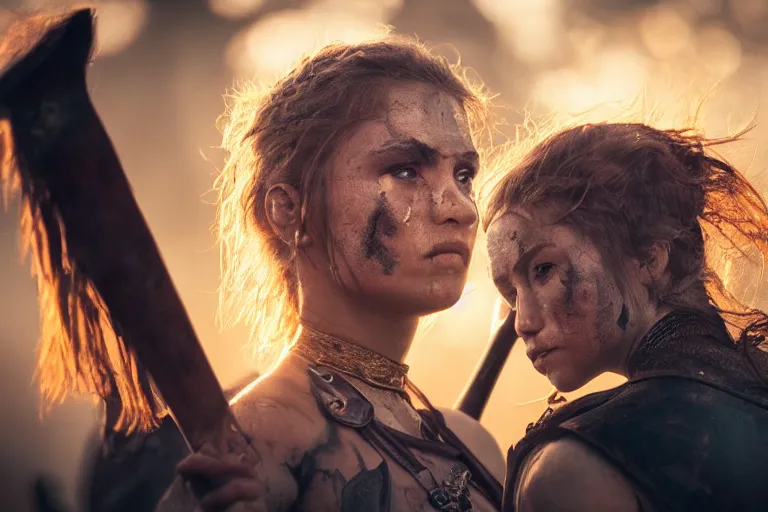 Image similar to close - up photo of a beautiful warrior princess in a battle scene, shallow depth of field, photorealistic, cinematic lighting, warm colours, dusk