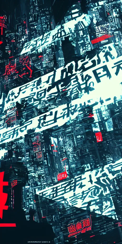 Image similar to a photo of a banner with symbols, cyberpunk logos of megacorporations, kanji and symbols, black white red, sci fi font, graphic design, 8 k, innate studio