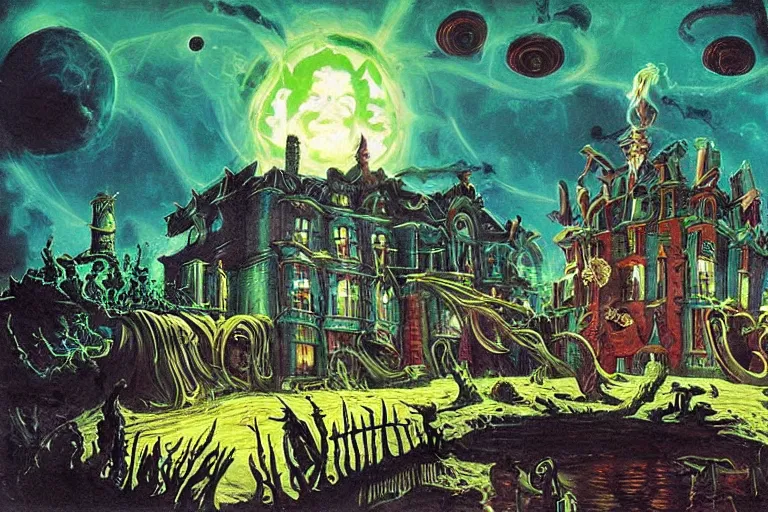 Image similar to miskatonic university eldritch super villain headquarters in the style of dr. seuss, illuminati, painting by albert bierstadt