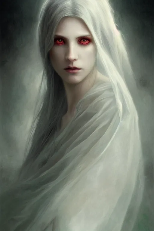 Prompt: portrait of white ghost, dark fantasy, gradient white red grey, dreamy and ethereal, green eyes, golden ratio, peaceful expression, lace, fantasy, intricate, elegant, stormy sky, highly detailed, digital painting, artstation, concept art, smooth, b sharp focus, illustration, art by artgerm and greg rutkowski and alphonse mucha