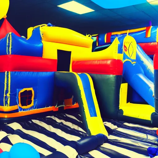 Image similar to a darkly lit indoor children's bounce house photo taken with a deposable camera limital space