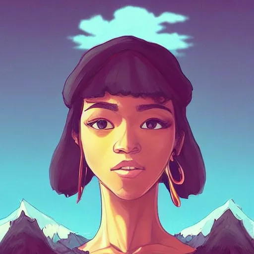 Image similar to “Zendaya, portrait!!! Mononoke-hime style, cartoon, blue sky with white clouds green hills and mountains on the background, fantasy, photorealistic, concept Art, ultra detailed portrait, 4k resolution”