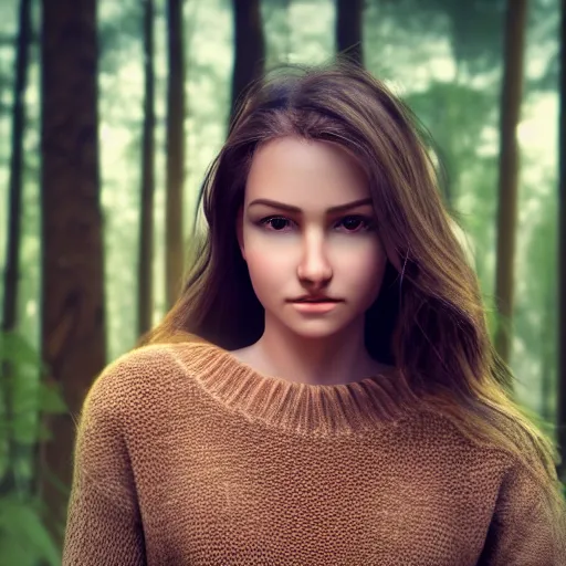 Image similar to real life photo of a beautiful girl, full body photoshoot, long brown hair, brown eyes, full round face, short smile, belly free dark brown sweater, forest setting, cinematic lightning, medium shot, mid - shot, highly detailed, trending on artstation, unreal engine 4 k, 8 0 mm, 8 5 mm, cinematic wallpaper