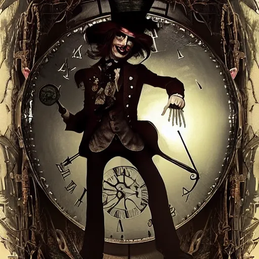 Image similar to The Mad Hatter standing in front of a twisted clock in Gothic-Steampunk style, highly detailed, artstation, intricate, gothic, steampunk, smooth, sharp focus, dark, horror, illustration, art by greg rutkowski and Yuumei, good clear quality, lighting, biology, symmetrical artwork, perfect face, 135 mm, cinematic, hyper realism, high detail, octane render, 8k, crimson highlights