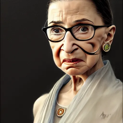 Prompt: a hyper - realistic character concept art portrait of young ruth bader ginsburg, young, depth of field background, artstation, award - winning realistic sci - fi concept art by jim burns and greg rutkowski, beksinski, a realism masterpiece, james gilleard, bruegel, alphonse mucha, and yoshitaka amano.