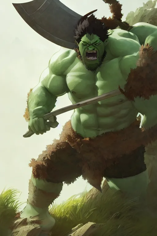 Image similar to orc barbarian male, green skin, exquisite details, big axe, earth magic, mid view, design on a white background, by studio muti, greg rutkowski makoto shinkai takashi takeuchi studio ghibli