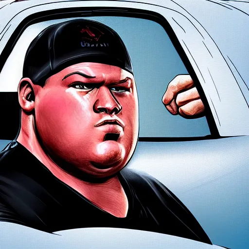 Prompt: really obese john cena driving a car. Ultra realistic digital art.