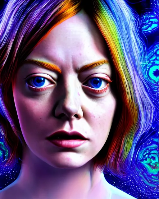 Image similar to portrait ultra dimensional emma stone, accidentally tripping on dmt and acid, psychedelic experience, overwhelming psychosis of self realization and burning awakening, ultra high definition, unreal engine 5, hyperrealism, masterpiece composition, by casey weldon, barclay shaw 8 k photorealistic