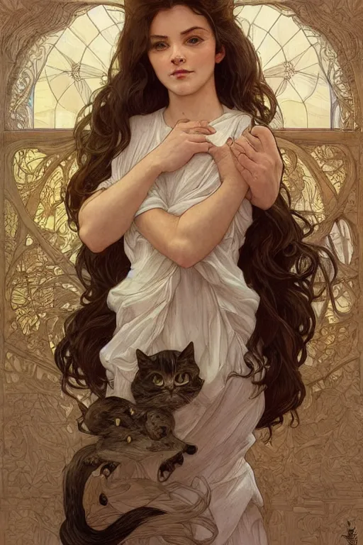 Image similar to cottagecore appartment with 100 cats playing inside, beautiful Hair, studio gibly, intricate, elegant, highly detailed, digital painting, artstation, concept art, smooth, sharp, focus, illustration, art by artgerm and greg rutkowski and alphonse mucha