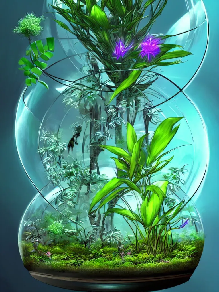 Prompt: concept art. illustration. sci - fi. plants from a different planet in a terrarium. high sci - fi. holographic, beautiful, ethereal