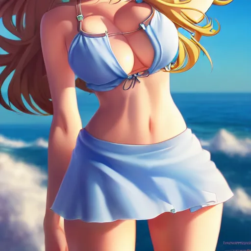 Image similar to a very beautiful young anime giantess, full body, long wavy blond hair, sky blue eyes, full round face,, bikini, miniskirt, front view, mid - shot, highly detailed, cinematic wallpaper by stanley artgerm lau