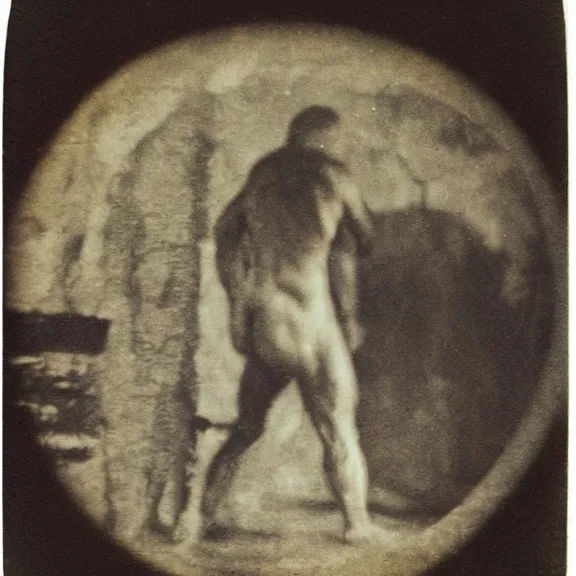 Prompt: polaroid Neanderthal from 18th century france shots by Tarkovsky