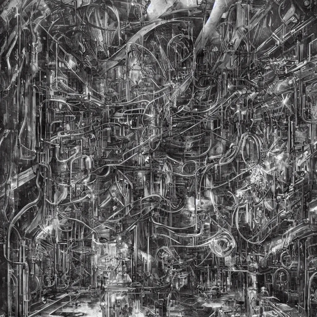 Prompt: abandoned laboratory from 1 9 3 0 s century - first - generation vacuum - tube computers - eniac - colossus - enigma - inside u - boat - metal pipes - obsolete technology - high resolution - 4 k - dark atmosphere - high contrast - retro futuristic - detailed artwork - art by hans giger