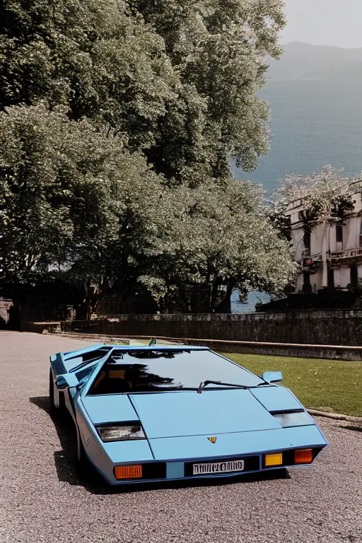 Prompt: Medium Format Portrait Photo of a Lamborghini Countach LP5000 QV parked on a dock in Lake Como, sunny, award winning, highly detailed, depth of field, Cinestill 800t, wide shot, photo print.