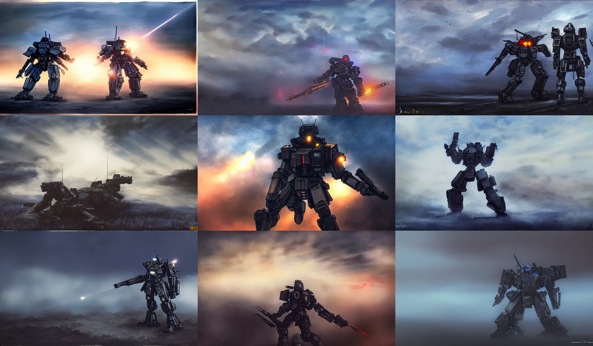 Prompt: an armored core v by kashin, wadim, booster flares, legs, laser rifles, heavy mist, very smoky, dark blue sky, cloud, wilderness ground, golden time, twilight ; wide shot, oil painting, dynamic contrast, dynamic backlighting, sharp edge, motion blur