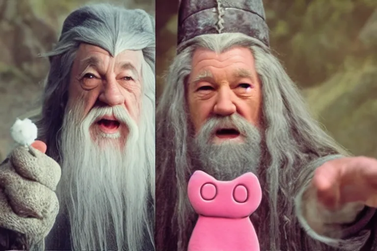 Prompt: portrait of Gandalf dressed as hello kitty, smiling warmly, sunrise, movie still from Lord of the Rings, cinematic