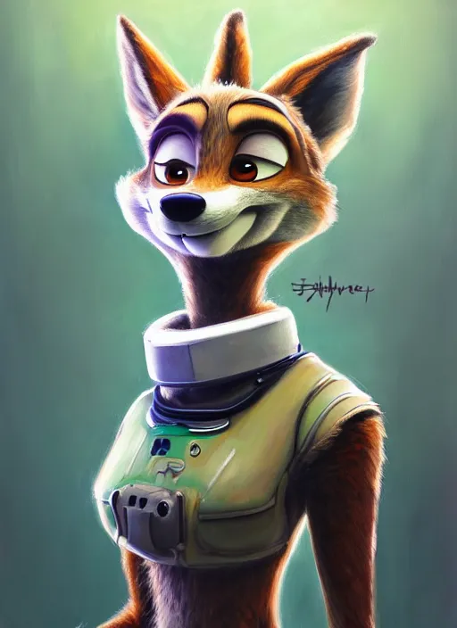 Image similar to oil painting detailed full body of anthromorphic female wolf, in style of zootopia, zootopia, zootopia, fursona, furry, furaffinity, 4 k, deviantart, furry art, fursona art, wearing astronaut outfit, in style of zootopia, wolf fursona, cyberpunk, female, detailed feminine face,