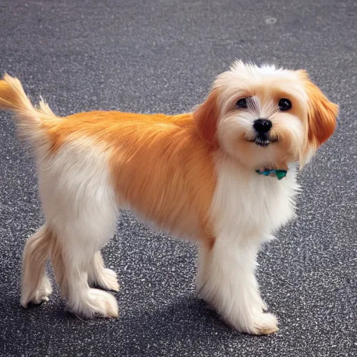 Image similar to photo of maltese puppy dog standing on hind leg begging for food, photorealistic